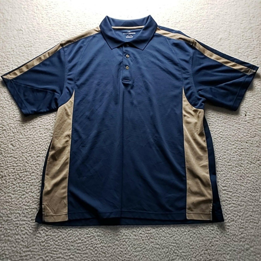 Grand Slam Golf Polo Shirt Mens 2XL Blue Tan Colorblock Short Sleeve Knit Top